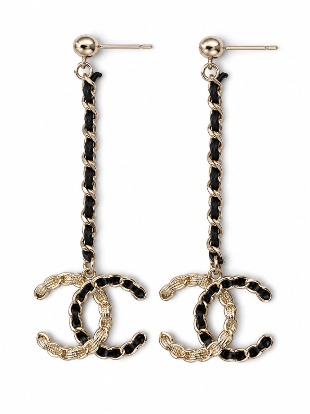 Authentic CHANEL Matelasse Vintage Chain link Gold Black Dangle Earrings